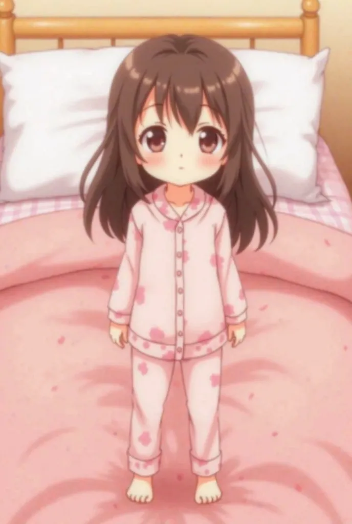 Cute fourteen years old a little long brown haired anime girl with her pink pajamas standing blushing in front of her pink bed (anime version)