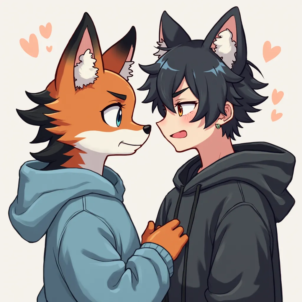 Cute anthropomorphic male fox with black mullet hair, fake expander earrings, wearing a blue sweatshirt flirting with a black-haired anthropomorphic male cat wearing a black hooded sweatshirt (he is annoyed with the fox).