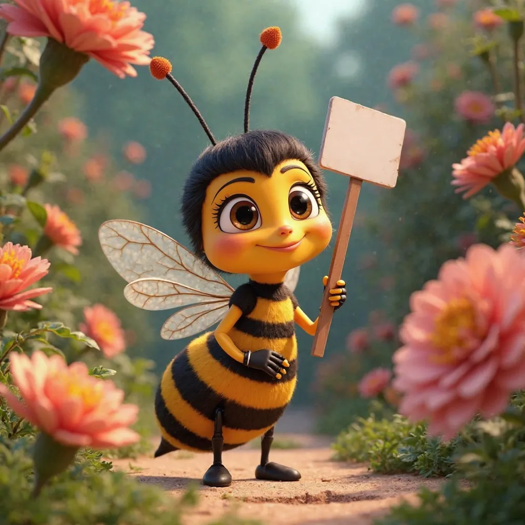 Disney Pixar 3D Style, The character of the Maya the bee ,In a flower , in his hand he holds a square white sign