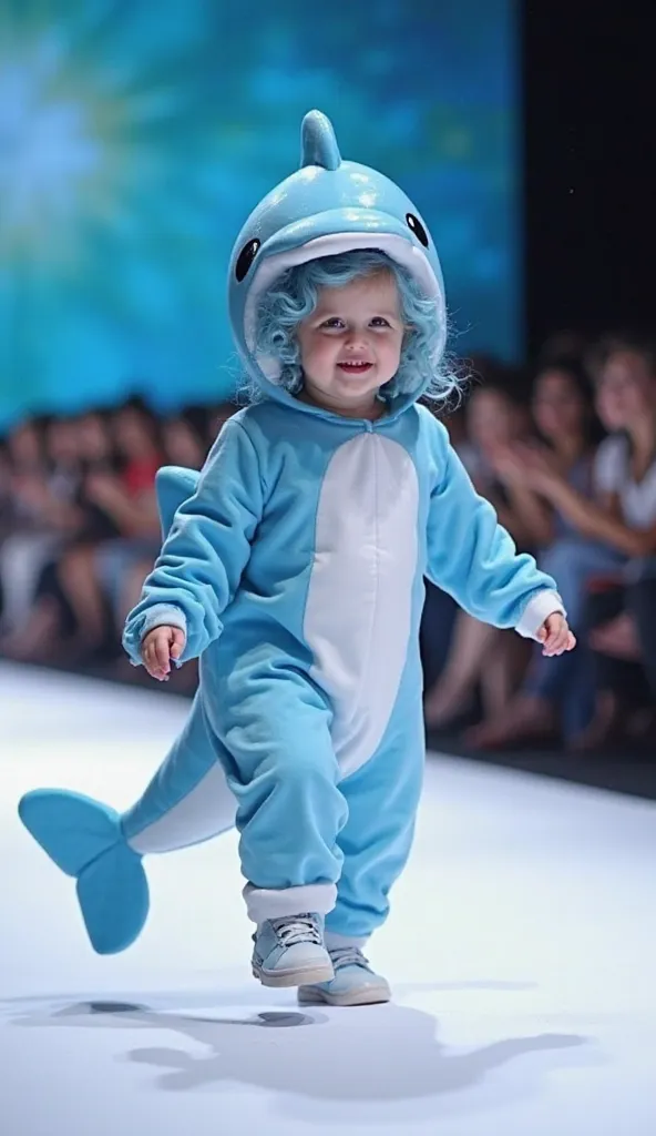 An incredibly cute baby girl with wavy blue hair and fair skin joyfully walks down a brightly lit fashion runway, wearing an extravagant and attention-grabbing dolphin-themed costume. The outfit is designed to captivate, featuring a realistic dolphin body ...