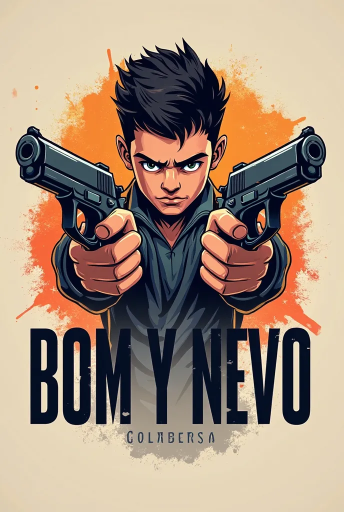 Make a logo with a boy holding two pistols and the name BOM Y NOVO in the middle