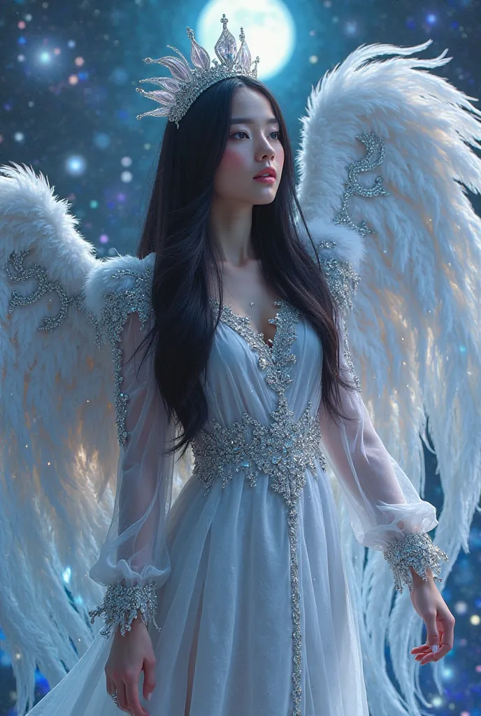 /imagine iridescent art a beautiful angel , Photogenic ,long and straight black hair , light blue eyes perfectly outlined ,pink face ,Fleshy pink mouth ,large glamorous wings open iridescent shiny powder silver and blue ,silver crown and diamonds,long dres...