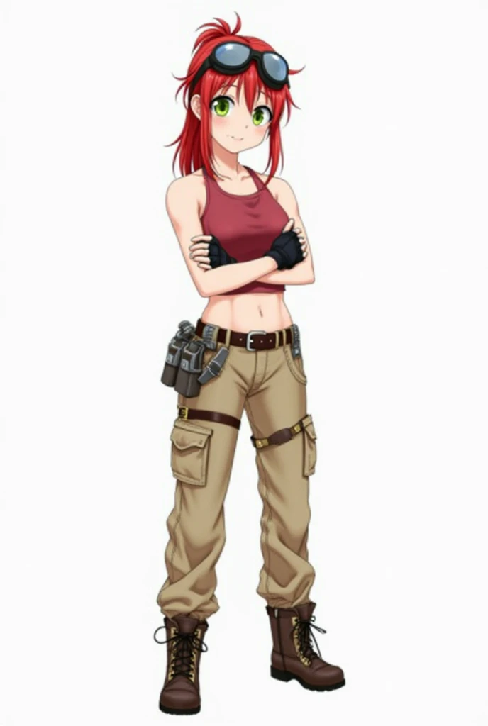 Anime, solo, 1girl, facing viewer, red hair, green eyes, ponytail, medium breasts, sleeveless crop top, khaki work pants, work boots, goggles on top of head, fingerless gloves, utility belt, smiling, cute, arms crossed, standing, white background, best qua...