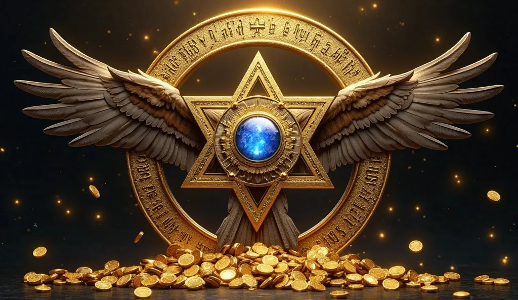 Create a stately and realistic eagle, positioned on its side (profile),  in a dark environment, therefore, with several gold coins, bright and well-defined falling from the sky, with divine lights in the background. The image has an esoteric symbol in the ...