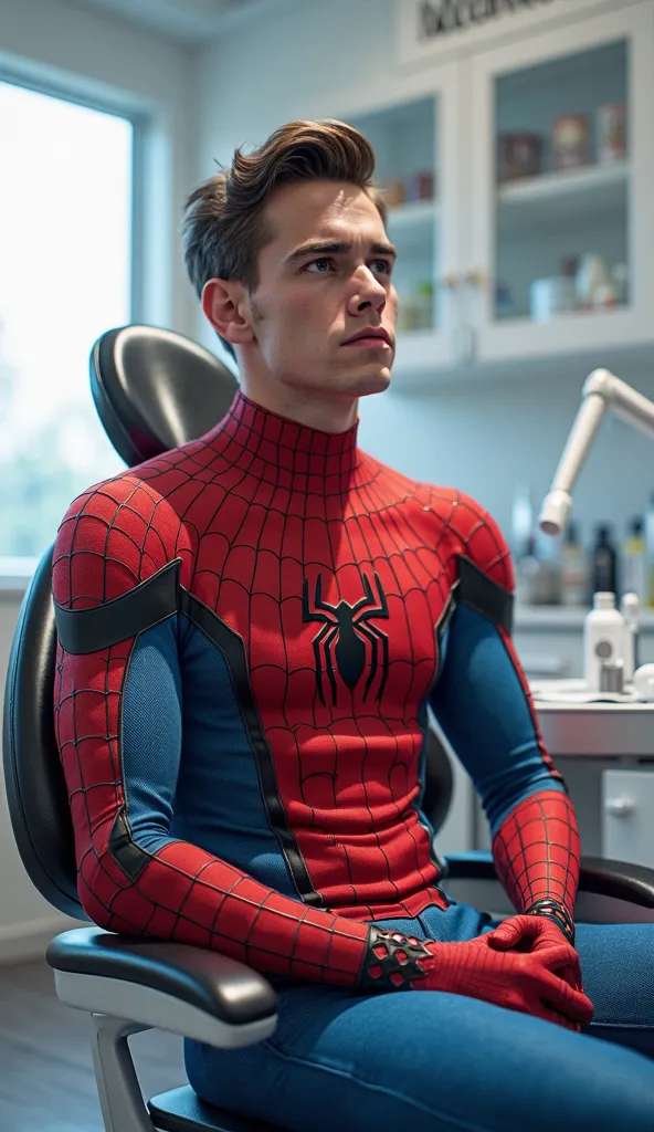 Spider-Man sits in the dentist's chair