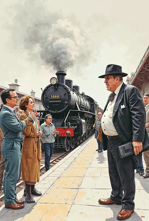 A drawing of a train station located in 1975 in Argentina. There is an old train leaving the station and people saying goodbye, shaking handkerchiefs in their hands, As a greeting and joy. Next to all the people is the station manager looking at the train ...