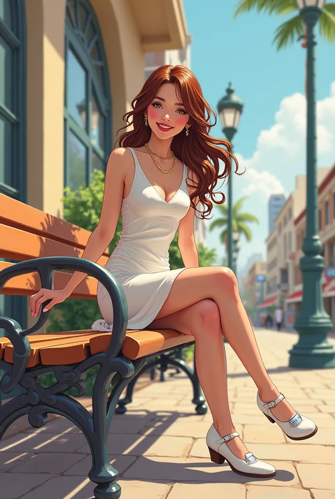 Tip: A very lovely  beautiful Asian American woman being happy alone on a bench in Downtown San Diego in the sun… The illustration is a high definition illustration with 4k resolution., with highly detailed facial features and cartoon style visuals, white ...