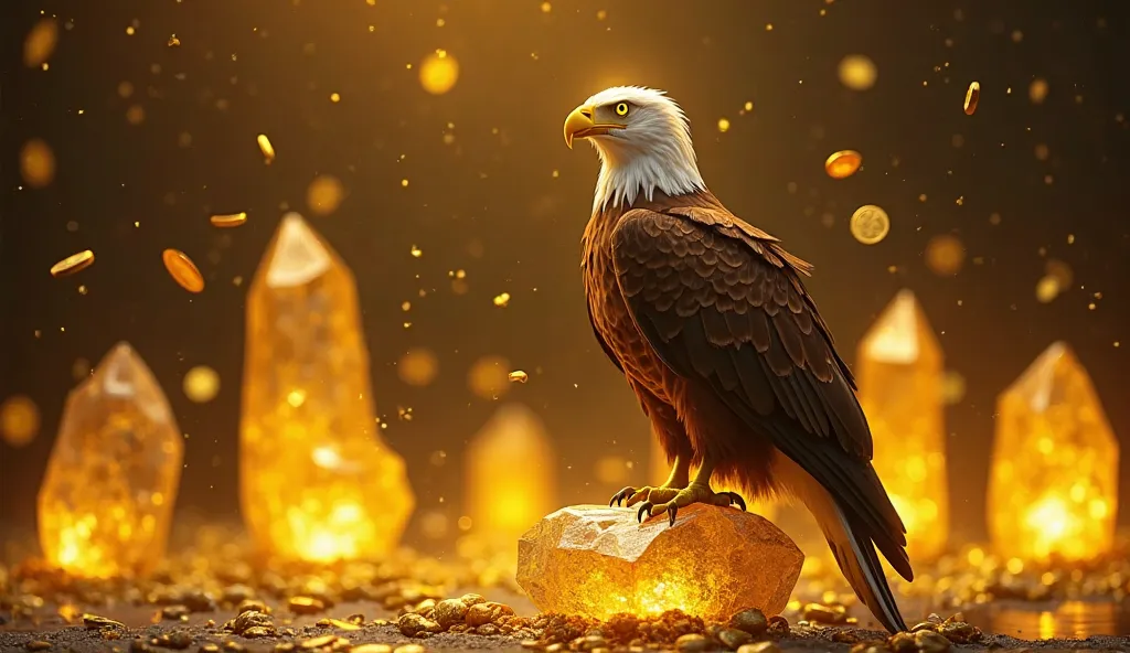 Create a stately and realistic eagle,  with eyes emanating powerful yellow light perched on a translucent yellow crystalline stone, positioned on its side (profile),  in a dark environment, therefore,  with several translucent and shiny yellow crystalline ...