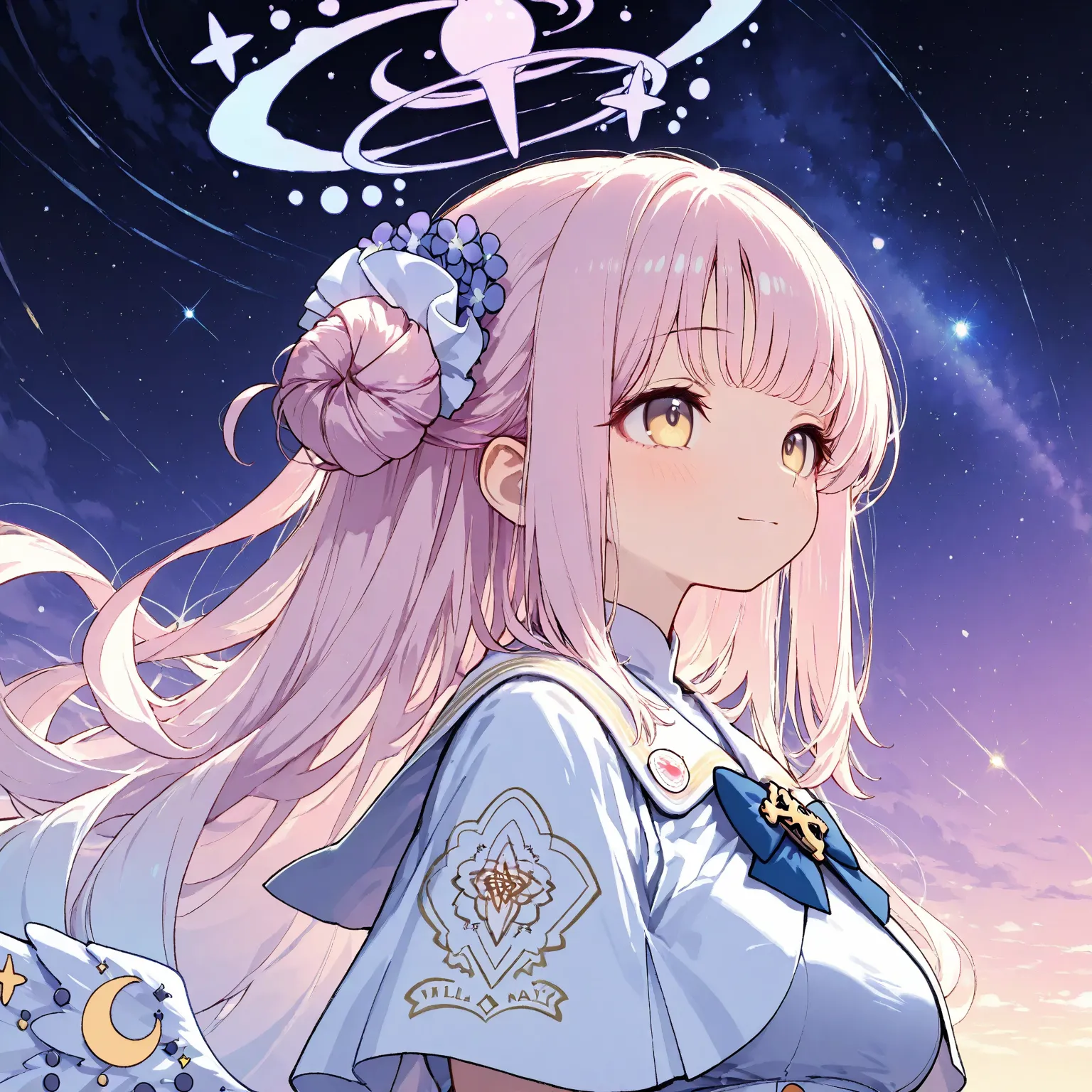 trk,pastel,illustration,

1girl\(mika \(blue archive\)\),  (halo above head), (soft glowing light), (fantasy night sky background:1.3), (floating stars, magical particles), (purple to navy gradient sky), (shimmering celestial lights), high quality, ultra-d...