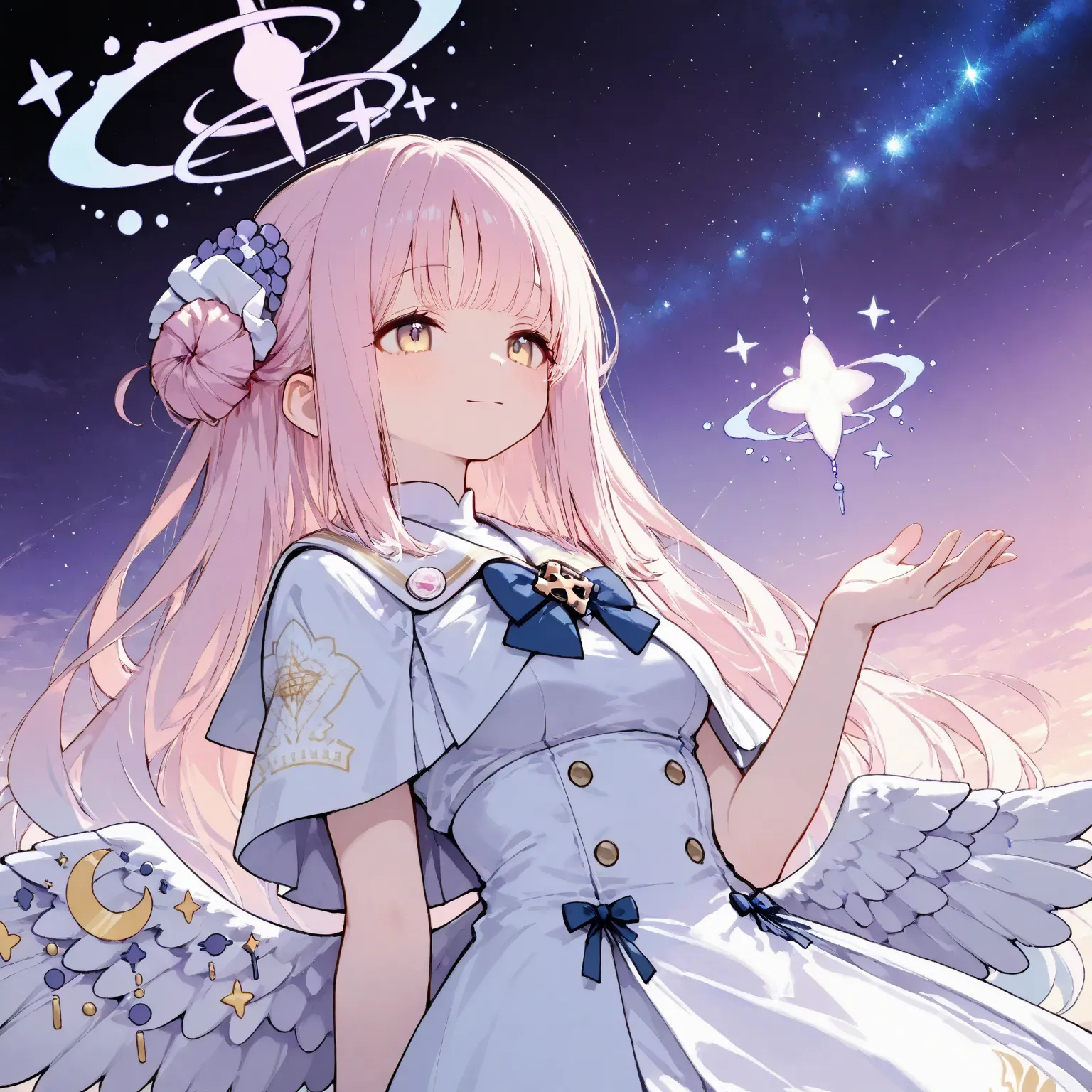 trk,pastel,illustration,

1girl\(mika \(blue archive\)\),  (halo above head), (soft glowing light), (fantasy night sky background:1.3), (floating stars, magical particles), (purple to navy gradient sky), (shimmering celestial lights), high quality, ultra-d...