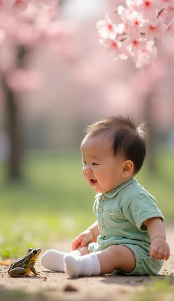 A Japanese baby boy about three months old and a small frog are sitting facing each other.
The baby is smiling, wearing a light green romper and white socks.
The background is a spring park in Japan, with cherry blossoms in full bloom.
Genuine, ultra-high ...