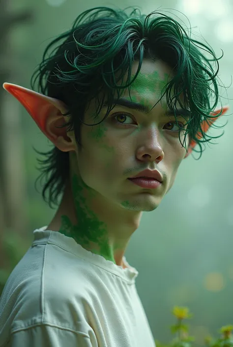 A male character with green skin with elven ears with dark green hair wearing a white sweatshirt 