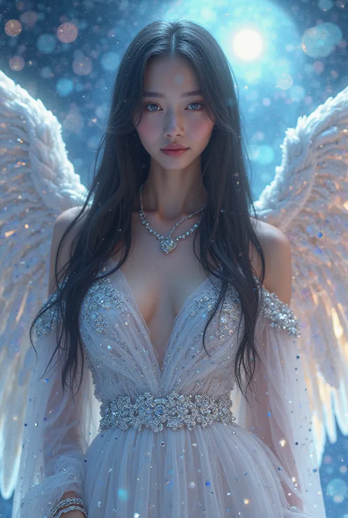 /imagine iridescent art a beautiful angel , Photogenic ,long and straight black hair , light blue eyes perfectly outlined ,pink face ,Fleshy pink mouth ,large open glamorous wings iridescent of shiny powder silver and blue long dress made of white organza ...