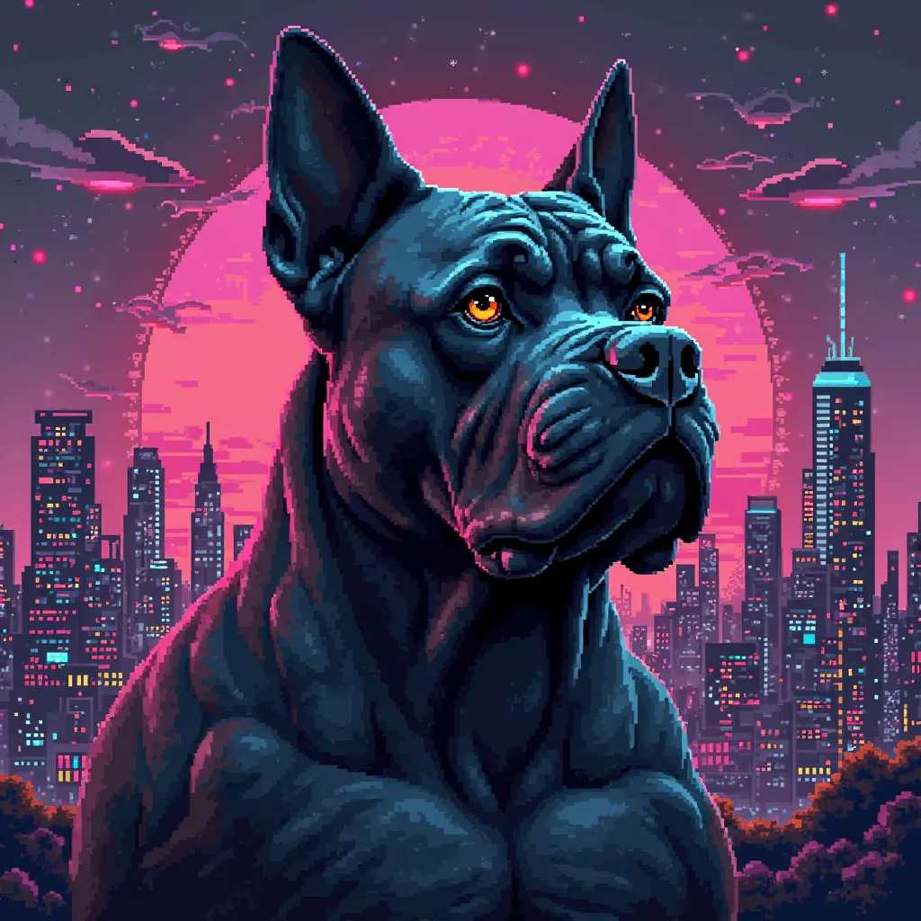 busto de cane corso in pixel background neon city