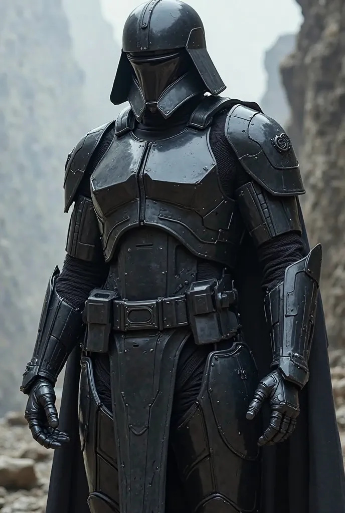 Full black metal armor of the futuristic future, similar to the armor from the Star Wars universe, without a helmet, the joints of the armor are covered with black nanofilm for better movement. Full height. Face in anime style.