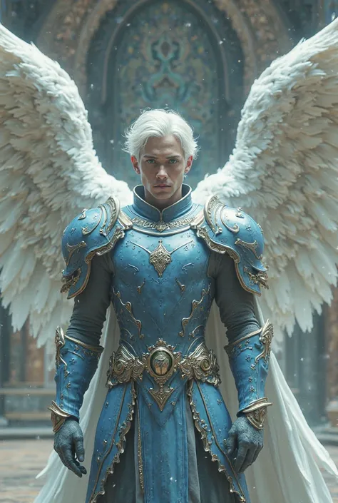 masterpiece, top quality, Full body 8 k photo,  super realistic, 1 man, white skin, With 4 wings huge wings full of feathers, green eyes, blue armor, fantasy setting Celestial City (Celestial City), short white hair, In the background you are standing in t...