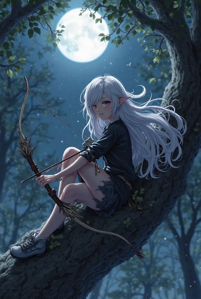  A  girl, Serena and Serena, white, suave, silver hair, covering the left eye, and the right eye in silver color, Riding on top of a tree in a forest at night with the moonlight, with an arrow and bow, black shirt with broken features, Super detailed anime...