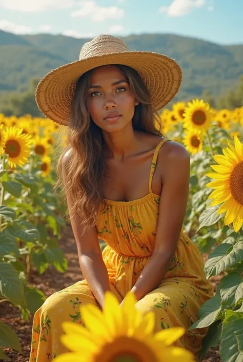 Create an image of a 30-year-old Brazilian woman she is dressed in a long yellow dress printed with sunflower she is wearing a hat,She is planting sunflower realistic 4k image 