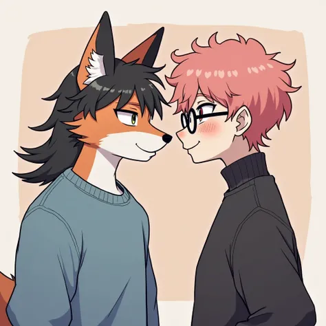 Cute anthropomorphic male fox with black mullet hair, fake expander earrings, wearing a blue sweatshirt  flirting with a pink semi-curly haired boy with glasses, wearing a black turtleneck sweater (he is with a flirtatious smile looking at the fox)