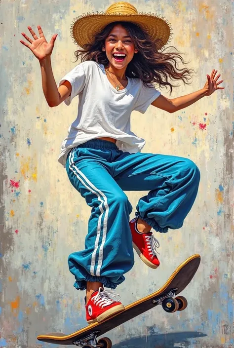 in a street art style called Graffiti create a female character doing a skatestreet maneuver , She is happy and wears a white t-shirt and blue pants with a white stripe. She is jumping for joy with a straw hat on her head