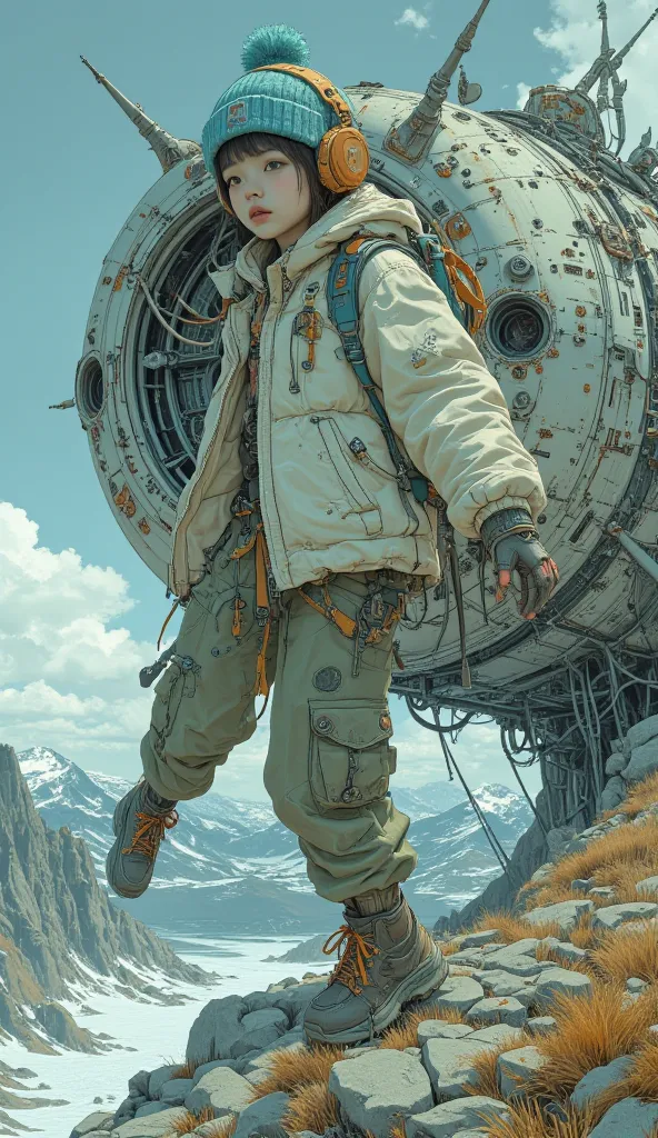  Surrealism  ,  artwork, 8K quality,  a cute high school girl exploring the wreckage of a huge spaceship 、Head to the top of the spaceship with the jet propulsion of the backpack、 High school girl wearing an off-white down jacket and loose moss green cargo...