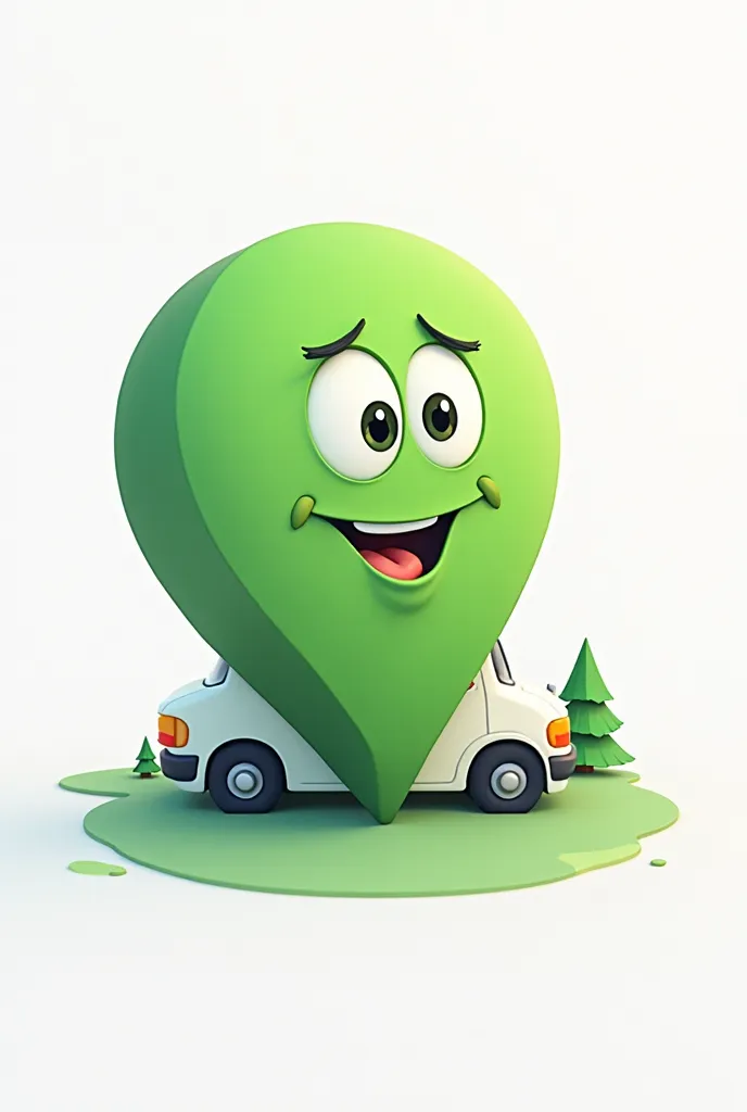 A green location symbol with big eyes smiling happily leaning against a white car 