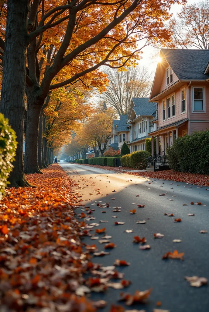 A  house on a residential street in a quiet city. The camera takes a front of the street where it shows the houses along a tree -lined street, in the evening of autumn, with dry leaves fallen by the asphalt.