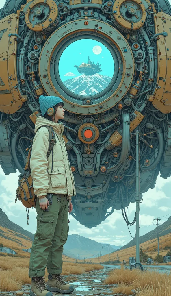  Surrealism  ,  artwork, 8K quality,  cute high school girl looking into the cockpit of a giant robot、Instruments emit light and seem to be able to maneuver 、 High school girl wearing an off-white down jacket and loose moss green cargo pants, blue knit cap...