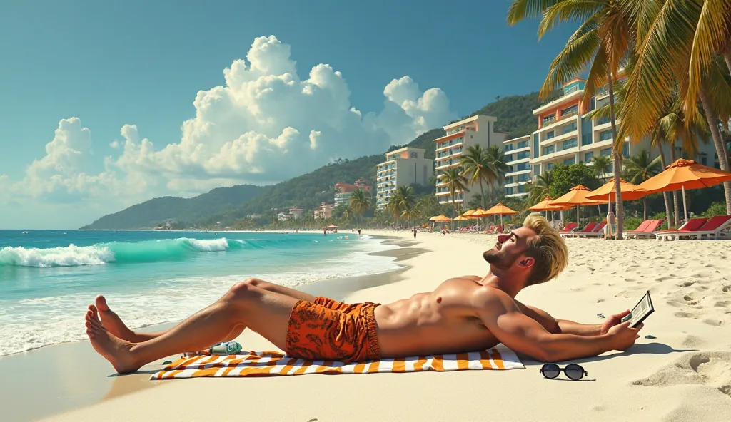 Create a relaxing and relaxed scene of a blond man with sturdy muscles lying face down on the sand of a Brazilian beach, taking advantage of the sun and the tranquility of the place.  The man has fair skin , golden hair that shines in the sunlight, and an ...