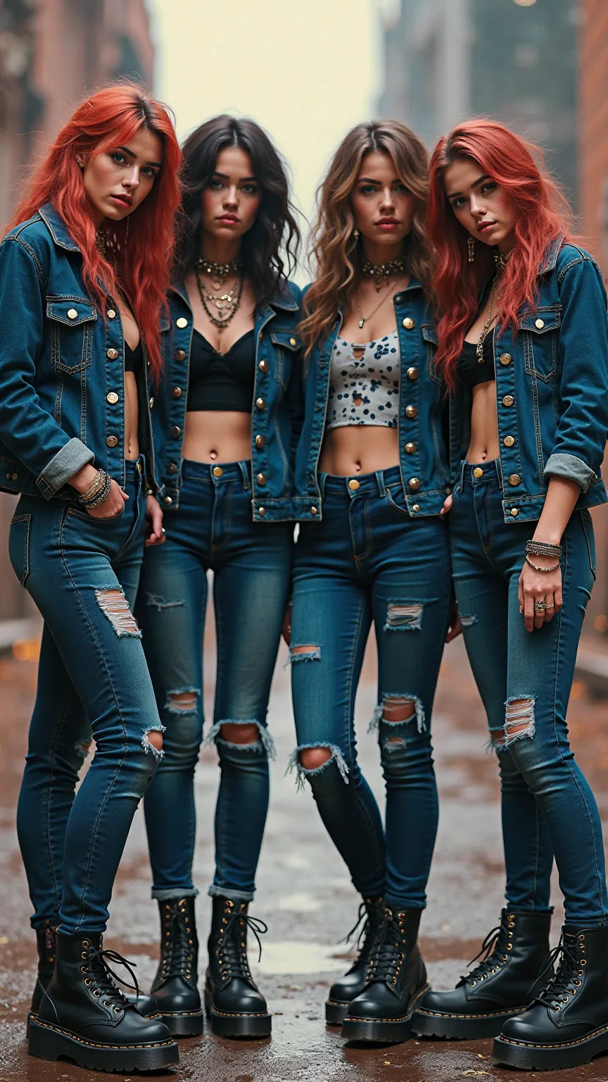 4 girls in black Dr Martens platforms, blue skinny ripped dark blue jeans, 6 buttons dark blue denim jacket HD