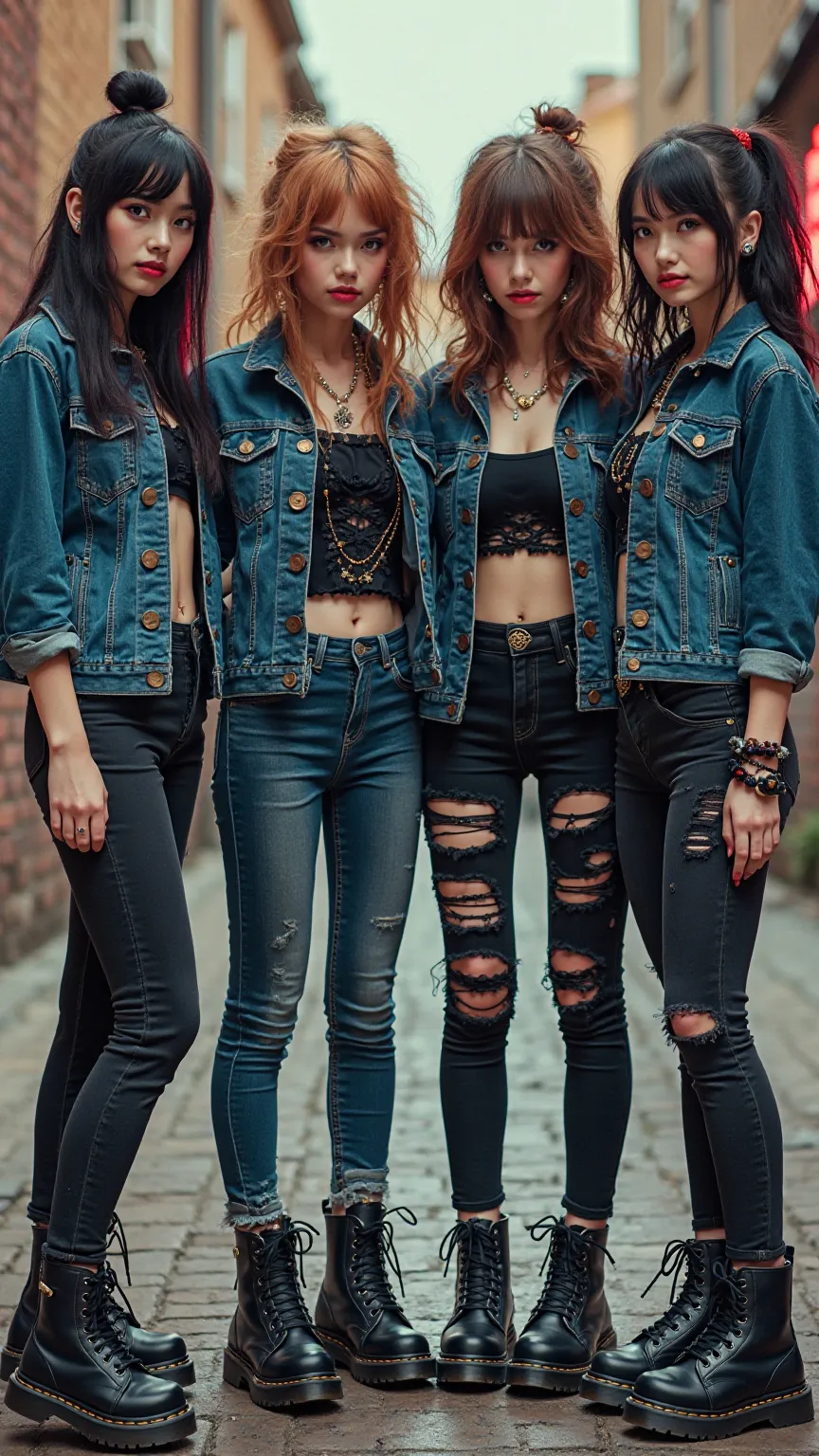 4 girls in black Dr Martens platforms, blue skinny ripped dark blue jeans, 6 buttons dark blue denim jacket HD