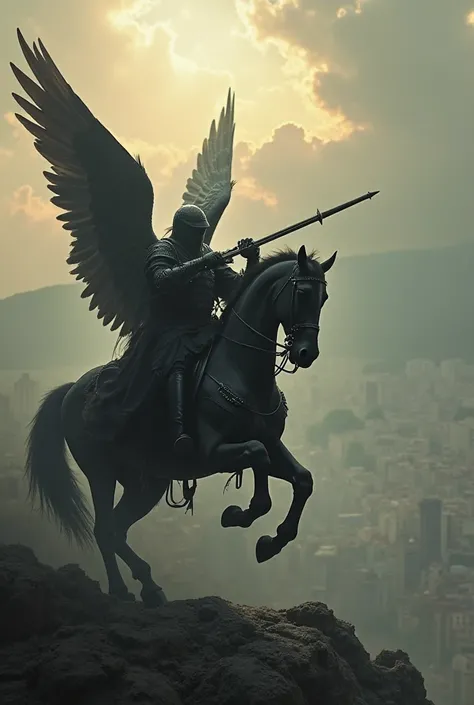 make angels playing the trumpet in clouds, make them playing for the city that is below them, the city will be the favela of Rio de Janeiro and with the angels it will show a knight all dressed in black and a black horse being the knight of death as it say...