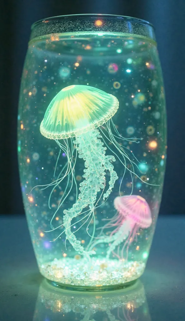 Proyección holográfica de un soft light green and white jellyfish translúcido, tierno animación 3d inside of a lava lamp abstracto, bajo el agua, glitter, pastel colored crystals, light pastel colors, soft rainbow vibes, tierno, 3d simple minimalist scene,...