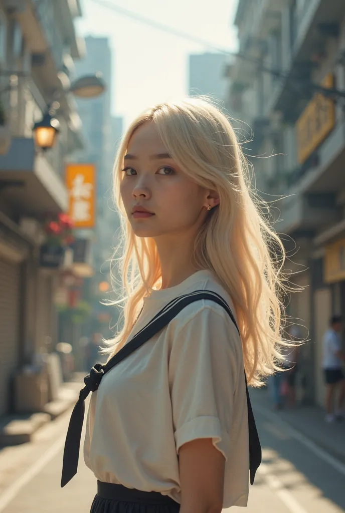 une jolie fille blonde, australienne, 19 ans, gracieux, élégant, éthéré, uniforme scolaire,  debout dans les rues, hong kong street, zone suburbaine 