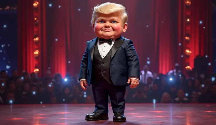 A bald, fat trump looking baby boy dressed in elegant clothes and elegant shoes, standing on the stage of America's Got Talent