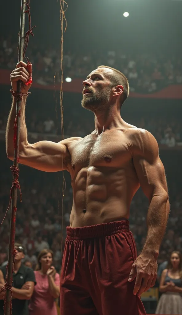 "A hyper-detailed, slow-motion shot of a muscular man in his 40s, standing in a circus arena, calmly pushing a long metal skewer through his arm, while the crowd gasps in horror. The camera zooms into his calm, focused face, showing no pain reaction at all...