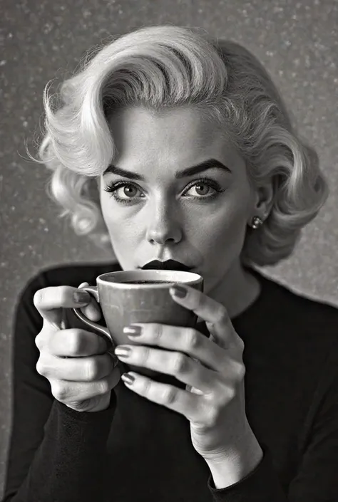 Marilyn Monroe drinking a cup of black and white coffee 