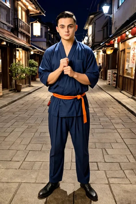 realism，Live role play，with both hands，cosplay anime KIMETSU NO YAIBA protagonist， photoshoot ，super detailed，A young  male，The character uses a katana in a grid position，holds the handle， fingers are clear，Blade is longer，Blade is up，Time night，The backgr...