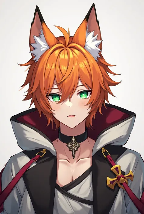 An anime style male character.

medium orange hair with white highlights, green eyes, Fox Ears, cross earring and collar, long black and white jacket with dark red details, and hood.