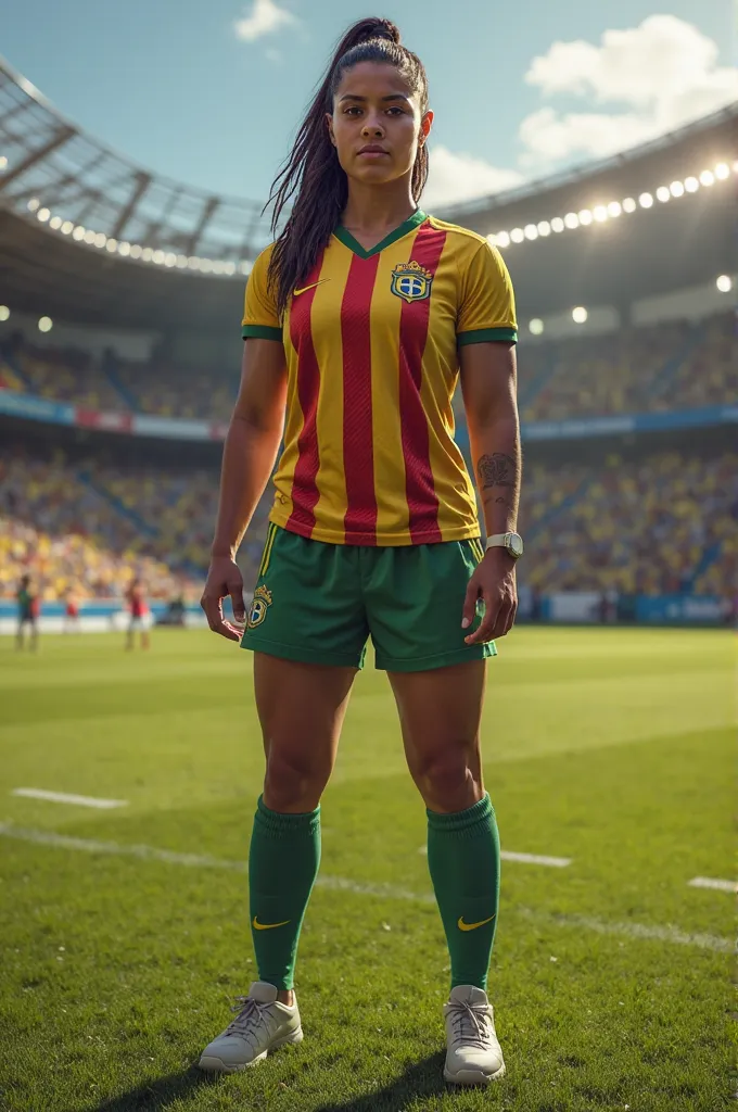 In HD A full-bodied muscular warrior from Rio Grande do Sul with a red stripe on her head wearing a soccer jersey with vertical red and white stripes on a soccer field