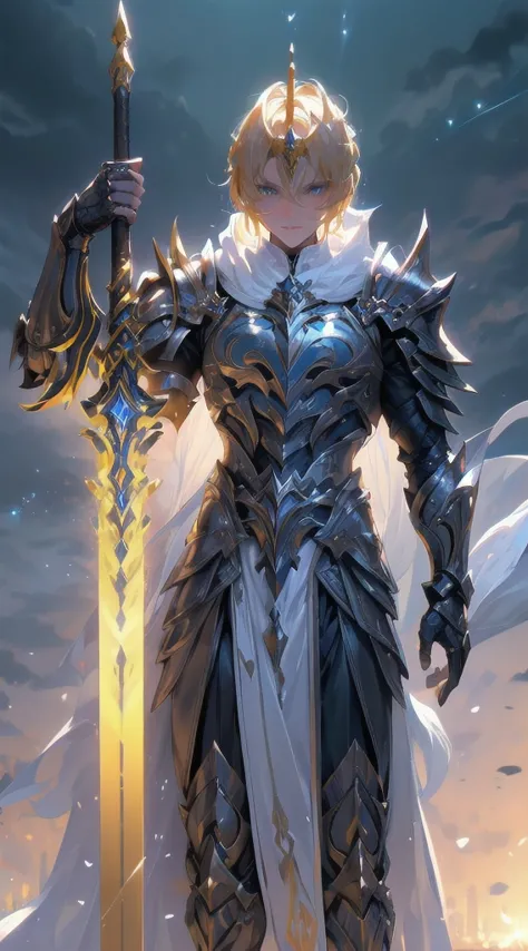 "An awesome very masculine paladin wields a sword full of light, Exudes powerful light magic, clad in golden armor, short blonde hair and on top his head a crown made of light. The setting is set in a dark and mysterious cityscape, Illuminated by the light...