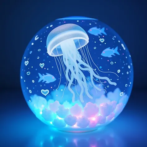 Proyección holográfica de un soft blue and white jellyfish translúcido, tierno animación 3d inside of a lava lamp abstracto, bajo el agua, glitter, pastel colored crystals, light pastel colors, soft rainbow vibes, tierno, 3d simple minimalist scene, hologr...