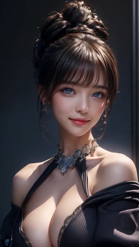 ((highest quality、8k、masterpiece:1.3))、((Hasselblad photos))、 fine skin、Clear focus、(cinematic lighting)、Soft Lighting、beautiful woman、(random hairstyle:1.2)、super detailed face、shiny skin、bangs、big boobs、exposed cleavage、blue eyes、( dark background))、view...