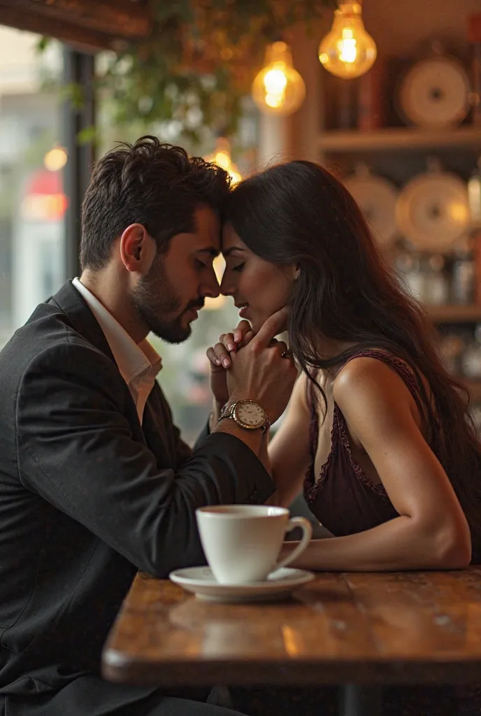 closer together Create an image to match the text 
It was in that small coffee shop, between cups of coffee and discreet glances, that everything started. ele, a man who was always looking for something more in a woman, but only pieces. she, someone who ne...