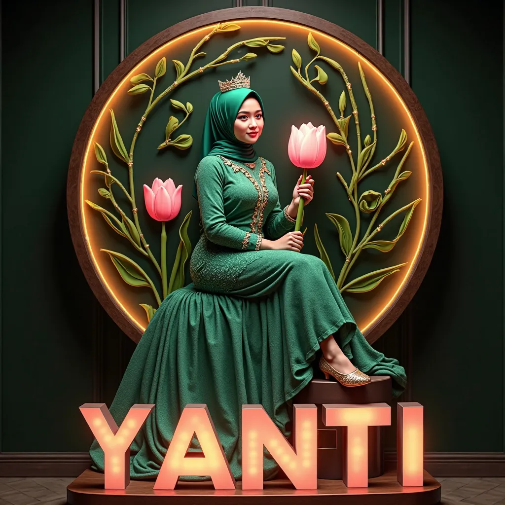 Luxury 3D realistic clear relief painting of a beautiful young Malay woman wearing green hijab and wearing a long elegant sparkling green dress and shoes and modern hijab style with sparkling crystal crown. The woman sits gracefully in a round garden on a ...