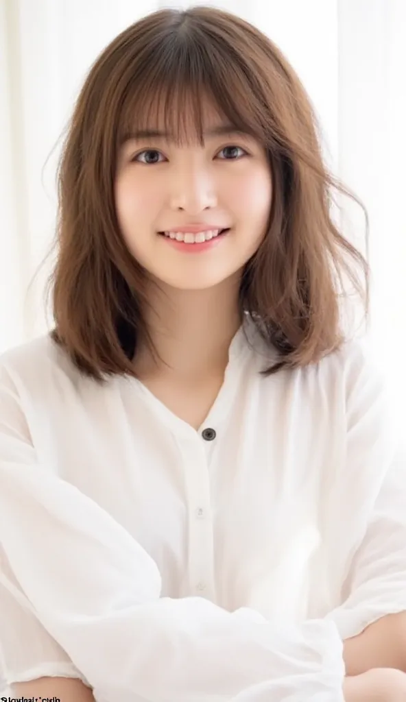 cute girl in a white thin blouse、smile