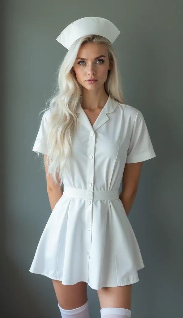 Young woman..Balkan..swedish mix
.22..
very long White ashy hair..in a beautiful hairstyle..
Big grey eyes 
Cupid bow lips 
She has nurse hat..white high stockings..and nurse white short dress
show of the figure 
The legs..