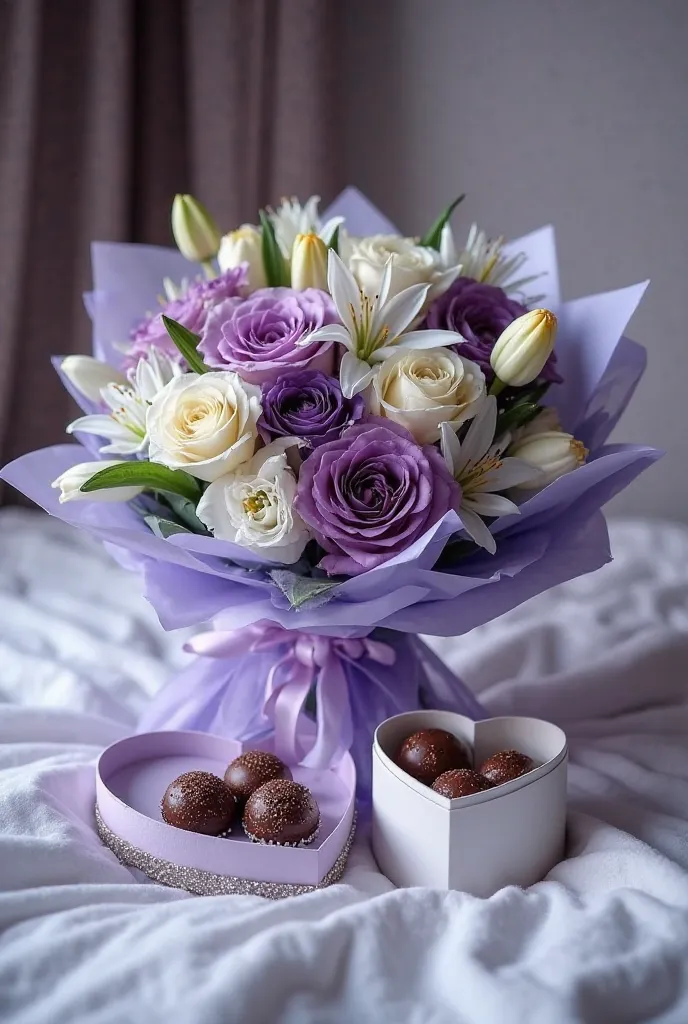 The image at night with a blurred background of the sheet , An enchanting glamorous bouquet consisting of purple and white roses, delicately combined with white tulip flowers, creating a sophisticated and romantic composition. The arrangement is very beaut...