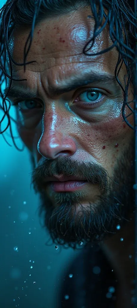 Here's a hyper-realistic prompt based on the image:

"A close-up And cinematic of a man with an intense and mysterious appearance. Your skin is covered with sweat and tiny drops of water reflect the bluish light around you. Your eyes,  gray and blue detail...