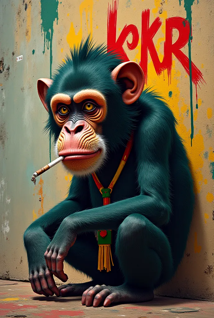 Rastafarian-style monkey, With a cigarette in his mouth and thinking of the word 'Kekor' in the style of street graffiti